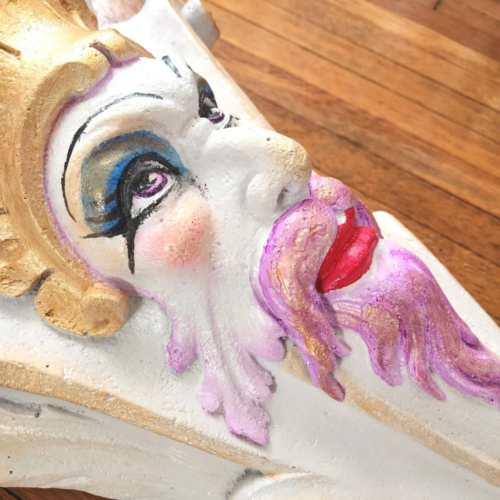 Hand Painted Drag Queen Plaster Wall Corbel Purple Beard Gold White Large Decor‎